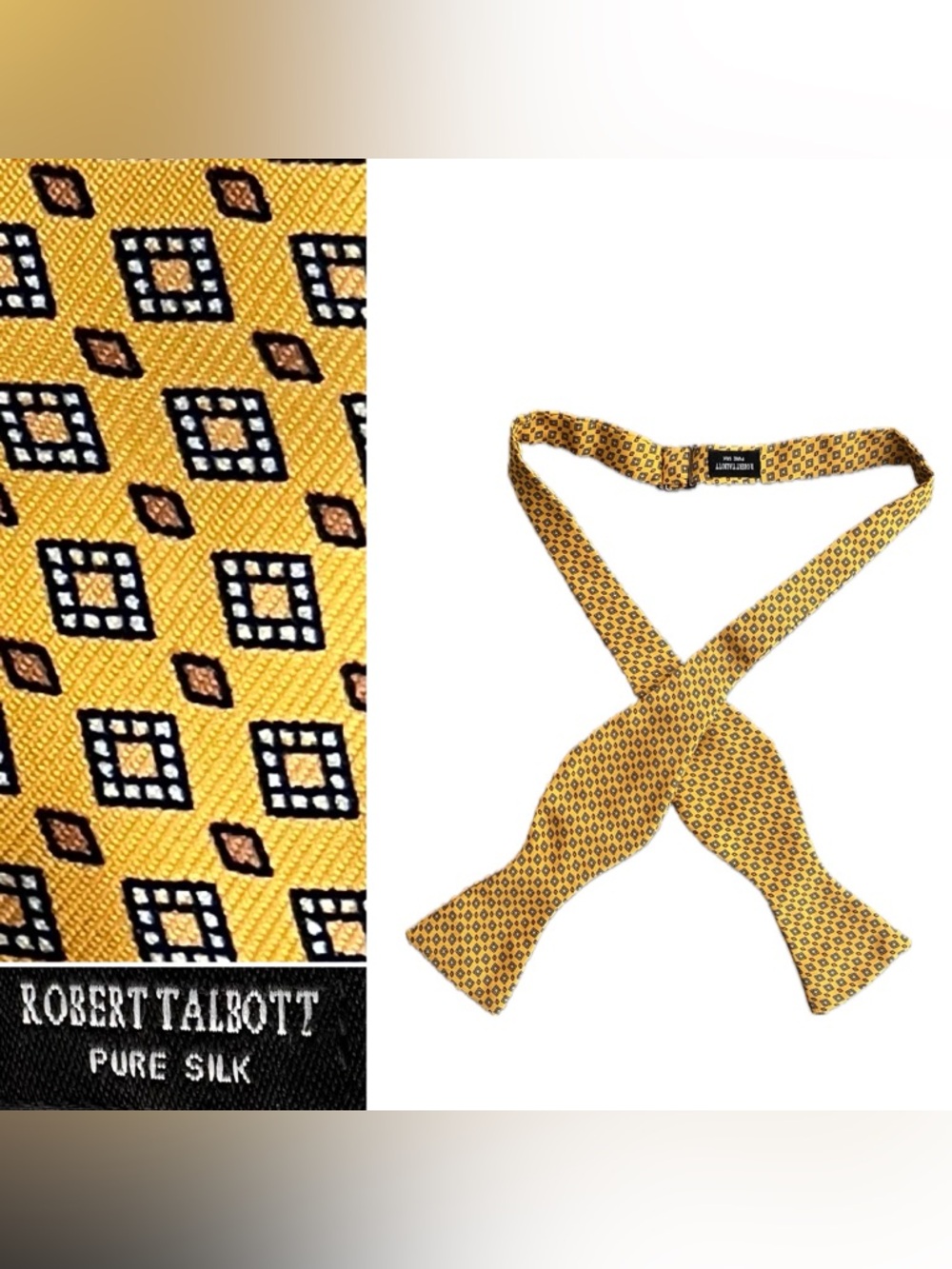 🟨Robert Talbott Yellow Geometric Silk Self-Tie Bow Tie with Tan & Black Accents